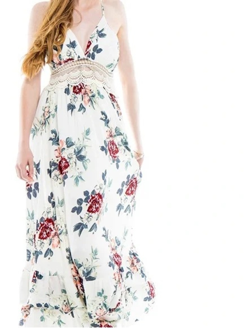 Rue21 White Floral Maxi Dress with Red Rose Print